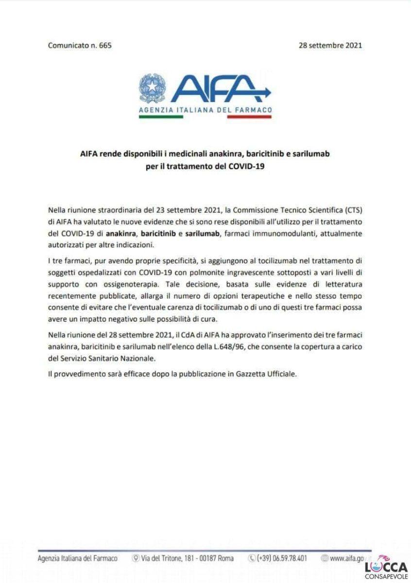 Comunicato stampa AIFA del 28 Settembre 2021. Nuovi farmaci approvati per la cura al Covid-19
